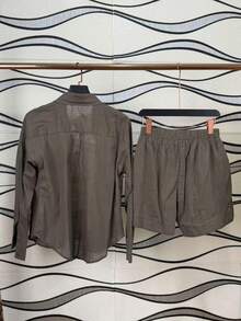 Two-Piece Linen Shirt And Shorts Set, Lined With Elastic. Summer Vacation: Perfect For Celebrating Christmas, New Year's Eve And New Year In Brazil! - 墨綠色 - 查看 2