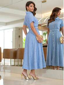 Rubia Maxi Midi Modesto Striped Shirt Dress – 100% Polyester Santorini, Functional Front Buttons And Belt - Blue - View 3