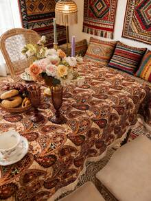 1pc Vintage Floral Jacquard Tablecloth, Rectangular, Bohemian Style, Washable, Suitable For Dining Table, Coffee Table, Bedside Cabinet, Family Kitchen, Dinner Party, Picnic, Holiday Celebration, Outdoor BBQ, Spring/Summer Decor, All Season - Brown Cashew Flower - View 6