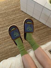 XIXITIAO Cute Style Adjustable Hook And Loop Home Slippers With Heart Pattern & Striped Design, Comfortable Soft-Soled, Stylish & Versatile - Dark Blue - View 10