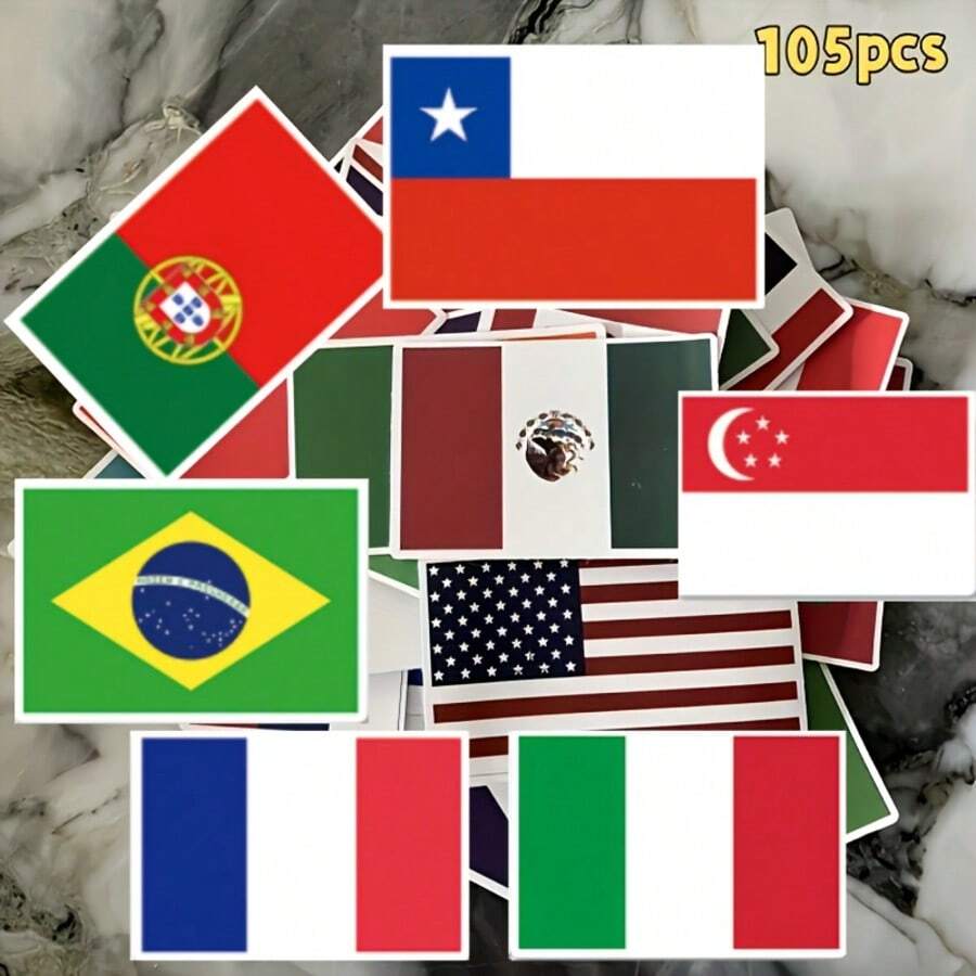 105pcs National Flag Stickers Set - Asymmetric Shape Self-Adhesive Paper - Street Fashion Design For DIY Lovers! Perfect For Water Bottles, Notebooks, Phone Cases & More - Ideal Gift For Fans