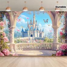 Un telón de fondo decorativo de castillo de princesa de hadas con purpurina rosa y dorada con patrón de arcoíris, sin necesidad de electricidad, pancarta multiusos para fiestas adecuada para inauguración de casa, aniversario y varias ocasiones, disponible en múltiples estilos y tamaños - e - Ver 3