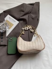 百搭夏季沙滩新款时尚草编复古法棍腋下包，简约艺术单肩手提包，女士 - 卡其色 - 查看 7