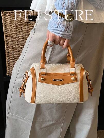 1pc FEISTURE Solid Color PU Leather Decor Small Boston Handbag, Fashion Shoulder Crossbody Bag, Zipper Closure, Suitable For Girls, Women, College Students, Young Professionals, Great For Work, Business, Commute, School