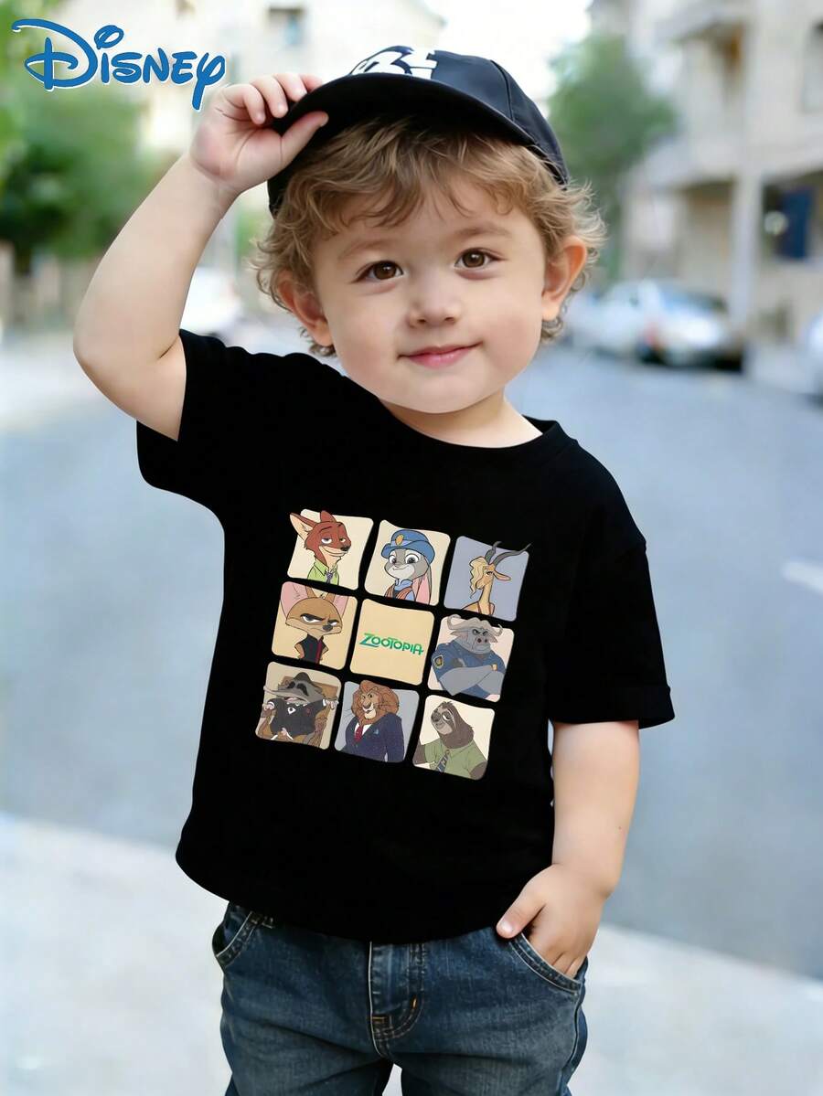 [Disney Licensing]Baby Spring/Summer Casual Fashion Front-Back Printed Short-Sleeved T-Shirt, Featuring Cartoon Characters From "Zootopia". Suitable For Party Outfits And Daily Wear - 黑色 - 查看 1