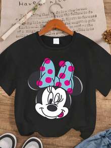 Disney Minnie Mouse Series Graphic Print Casual Fashion Short Sleeve T-Shirt, Stretchy, Opaque, Easy Care Fabric, Suitable For Daily Wear - 黑色 - 查看 6