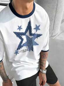 Men's Star Print T-Shirt - Distressed Denim Patch Design T-Shirt, Retro Hip Hop Loose Short Sleeve Top - White - View 3