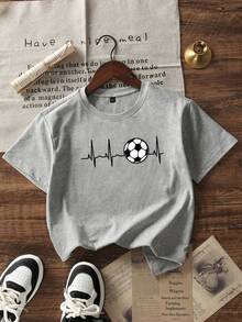 Camiseta de manga corta con cuello redondo y estampado casual para niños y adolescentes, top de verano - Gris Claro - Ver 3