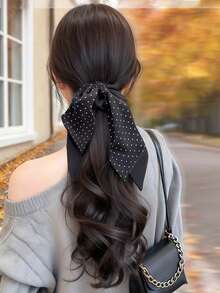 新款丝带波点蝴蝶结爪夹卷发马尾辫，韩式长卷发马尾辫假发 - 彩色 - 查看 3