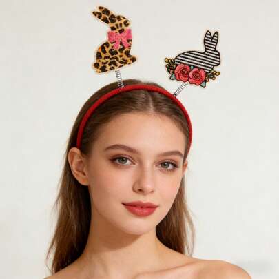 1件豹纹兔子派对可爱无纺布3D立体发箍，复活节