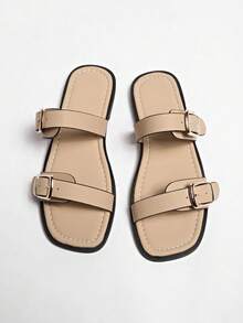 New Summer Flat Buckle Slip-On Slippers For Women, Minimalist Versatile Non-Slip Beach Sandals - Khaki - View 3