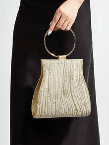 Gold Rhinestone Beaded Clutch With Metal Ring Handle - Gold - View 2