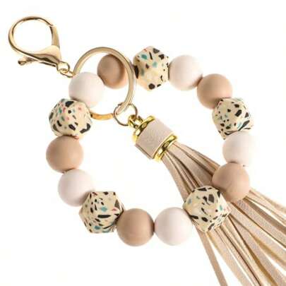 Wristlet Beaded Keychain Bracelet Silicone Key Ring For Women Key Chain With PU Tassel Beaded Bangle Chains Car Keyring Wristlet Bag Pendant For Mother's Day Gift