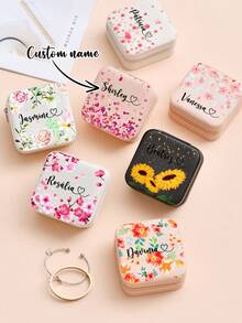 1pc Personalized Name Jewelry Box, PU Leather Travel Jewelry Case, Multi-Functional Elegant & Modern, High Quality, Customizable, Unique, Ideal Gift For Mother's Day, Wedding, Bridesmaid, Christmas, Anniversary, Birthday, Etc. - Covered With Flowers & Name - View 3