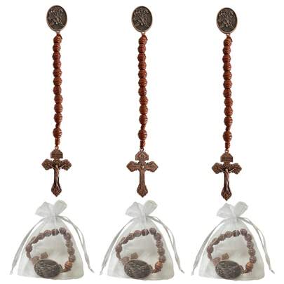 3 PIEZAS/10 PIEZAS/25 PIEZAS Rosario de bolsillo del Arcángel San Miguel con cruz de madera y bolsas de organza, collar de cuentas de rosario hecho a mano, regalo cristiano católico de Pascua