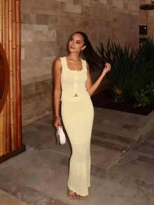 FOR BEAUTY Spring/Summer New Arrival Women's Solid Yellow Knit Two Pieces Set Wavy-Hem Youthful Knit Cardigan Paired With Long Knit Skirt With Belt Elegant Vacation-Ready Style, Perfect For Beach Getaways And Everyday Outings Vacation Set, Women's Summer Clothing, Women's Vacation Outfits, Women's Beachwear - Yellow - View 4