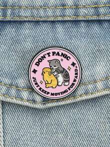 Enamel Badge With Cat And Rabbit, Warm Design Featuring Gray Tabby Cat And Yellow Lop-Eared Rabbit On Pink Background With "DON'T PANIC JUST KEEP MOVING FORWARD" Text, Suitable For Anxiety Relief, Pet Lovers, And Daily Encouragement - Multicolor - View 4
