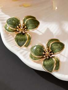 1 Pair Fashionable Women's Elegant Floral Earrings, Alloy Petal Design Suitable For Parties And Music Festivals, Wearable All Seasons - Green - View 4