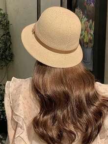 Korean Linen Woven Bucket Hat, Women Summer Japanese Style Versatile Sun Protection Hat - A - View 4