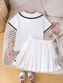 2件套女童彼得潘领黑色蝴蝶结Polo衫+松紧腰褶裙套装，夏季 - 白色 - 查看 2