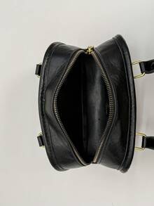 1pc Patchwork Solid Color Oil Skin PU Zipper Vintage Handbag, Suitable For Spring Daily Outing - Black - View 8