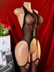 2026 Contrast Color Lace Hollow Out Camisole And Shorts Pajama Set - 黑色 - 查看 2