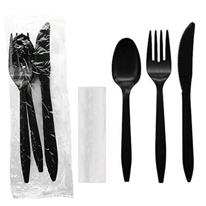 Individually Wrapped Plastic Cutlery Packets/Silverware Kits Black Fork/Spoon/Knife/Napkin 50 Sets