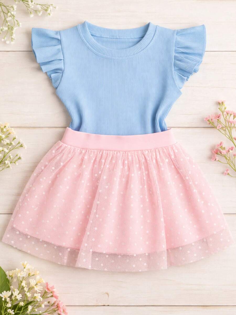 Girls' Outfit Set: Tulle Shorts Skirt With Ruffle And Cropped Top With Ruffled Frills, Pleated, Spring And Summer CJI043 - Baby Pink and Baby Blue - View 1