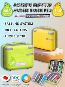 408/366/360/288/240/168/120色液体丙烯马克笔，学生艺术专业绘画软头马克笔，可堆叠纸笔，适用于DIY涂色书，也适用于玻璃、石头、人体彩绘，圣诞礼物 - 彩色 - 查看 2