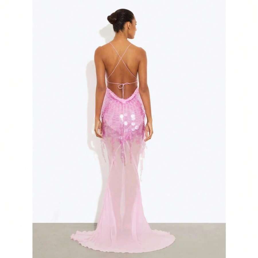 Temperament Skinny V-Neck Sexy Suspender Backless Slim Bead Fish Tail Dress Long Dress - Pink - View 1
