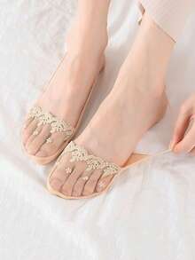 1/5/10双/套 夏季高跟鞋浅口隐形船袜透明蕾丝半掌吊带防掉袜 - 彩色 - 查看 2