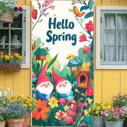 1件装 - 迎接春天和春日的门帘套装，包含小矮人/卡车/蝴蝶花卉图案，耐用涤纶材质，适用于家庭门廊春季装饰