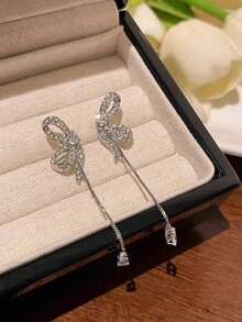 1 Pair Cute Bow Tie Earrings, Luxury Niche Design Long Tassel Earrings, Versatile Fresh Earrings - Silver - View 6
