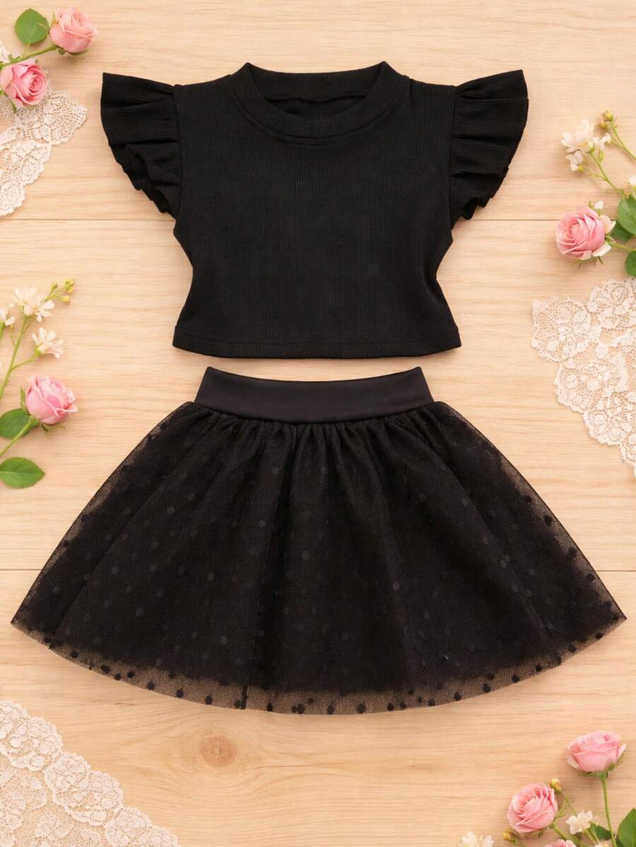 Girls' Outfit Set: Tulle Shorts Skirt With Ruffle And Cropped Top With Ruffled Frills, Pleated, Spring And Summer CJI043 - Black and Black - View 1
