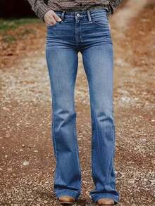Women's Personalized Back Pocket Embroidery Design Flared Stretch Jeans Casual Spring - Medium Blue Embroidery - View 2