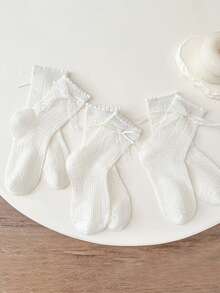 3 Pairs Breathable White Lace Bow Girls Socks, Elegant Princess Style, Spring/Summer - Multicolor - View 4