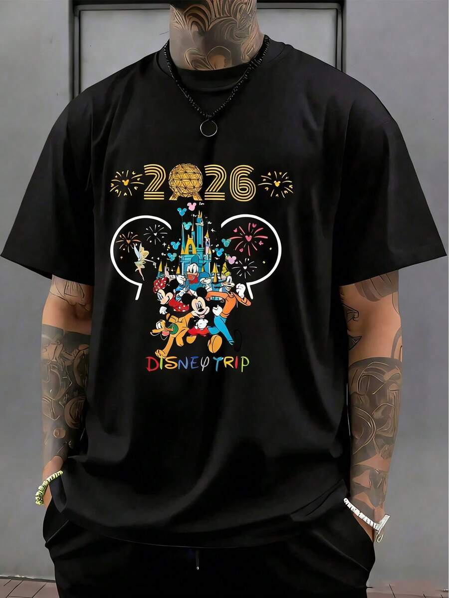 Disney Official Licensed Vintage Wash 2026 Disney Trip All Characters Print 220g Cotton Crew Neck Tee - 黑色 - 查看 1