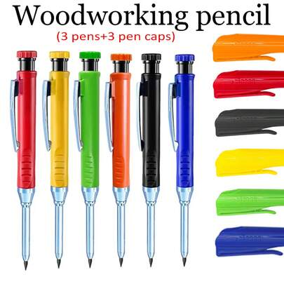 6pcs/Set 2.8mm Mechanical Metal Woodworking Pencils, With Built-In Sharpener, Solid Woodworking Pencils With Long Tip Deep Hole Marking, Suitable Woodworking And Construction Marking (3 Pencils + 3 Pen Caps)