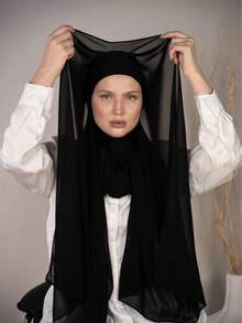 1pc Instant Chiffon Hijab Set, Includes Chiffon Scarf And Undercap, Soft, Breathable Chiffon Fabric, Suitable For Daily Wear, Festivals, Prayers, Pilgrimages - Black - View 9