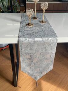 HXARTMIS 1pc Elegant Grey 3D Jacquard Table Runner, Vintage Floral Embossed Tassel Table Runner, Modern Luxury Dining Table Decor Suitable For Restaurant, Home Decoration - Grey - View 8
