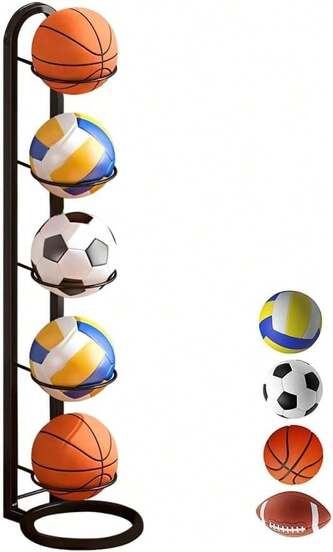 Estante vertical de baloncesto de 5 niveles, soportes desmontables para balones de baloncesto, fútbol y voleibol. Soporte de suelo.