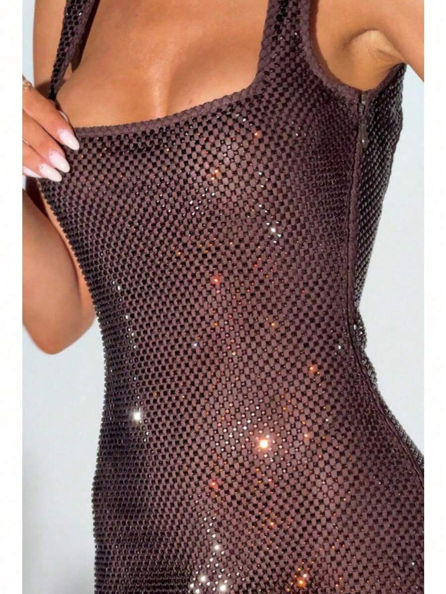 Sexy Double Strap Sequin Mesh Diamond Suspender Dress Women 2026 Autumn And Winter New Temperament Waist Pullover Hip Wrap Skirt - 咖啡色 - 查看 1