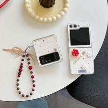 3D草莓蛋糕波点皮革折叠手机壳，带链条，适用于三星Galaxy Z Flip3 5G/Galaxy Z Flip 4 5G/Galaxy Z Flip 5 5G/Galaxy Z Flip 6 5G/Galaxy Z Flip 7 5G，可爱时尚的折叠手机保护套 - 彩色 - 查看 5