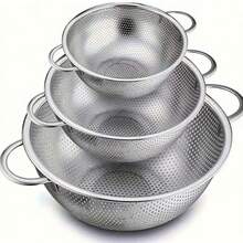 Zawaer 3pcs Stainless Steel Micro-Perforated Colanders With Handles, Suitable For Pasta, Fruit, Rice, Vegetables, Healthier, Highly Polished, Dishwasher (20/23/29cm) - Silver - View 3