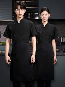 Bộ đồng phục đầu bếp ngắn tay unisex mới, thêu họa tiết, cài cúc đơn, thoáng khí, cổ đứng nhỏ. - màu đen - Xem 3