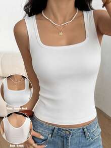 1pc Women's Basic Solid Color Square Neck Sleeveless Tank Top, Casual Comfortable Minimalist Ribbed Fitted Vest, Suitable For All Seasons - White - View 4