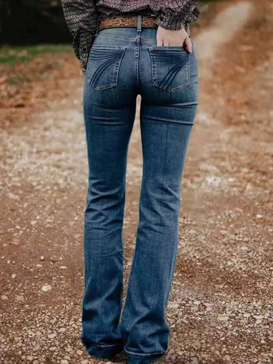 Women's Personalized Back Pocket Embroidery Design Flare Stretch Jeans Casual Spring - Denim Blue Embroidery - View 1