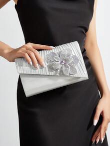 Women's Sparkle Silver Pleated Clutch, Rhinestone Flower For Wedding & Party - Silver - View 1