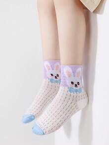 5 Pairs Girls' Breathable Thin Mesh Socks, Cute Cartoon Purple Children's Socks, Spring/Summer - Multicolor - View 4