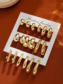 18pcs Fashionable Gold Metal Teardrop & Round Mixed Shape Earring Set, Lightweight CCB Material, Suitable For Daily Wear - Gold - View 2